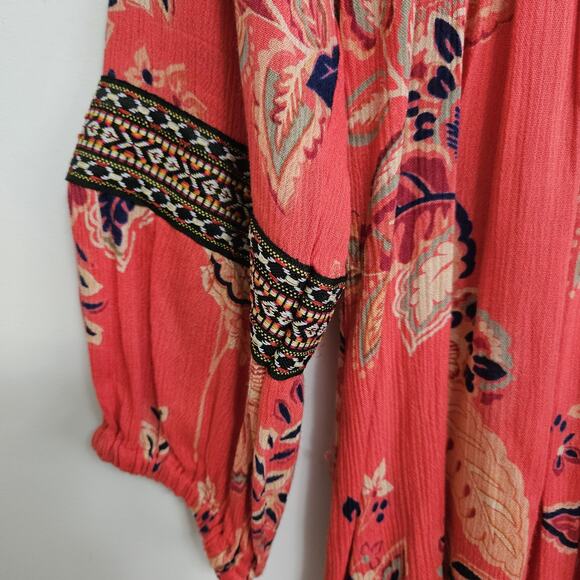 Anthropologie RD & Koko Embroidered Top Puff Sleeve Boho Hippie Orange Blue Med - Picture 3 of 9